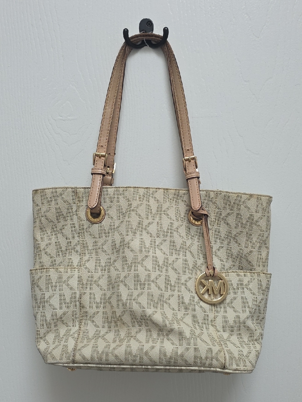 Michael Kors Beige MK Logo Tote with Gold Charm